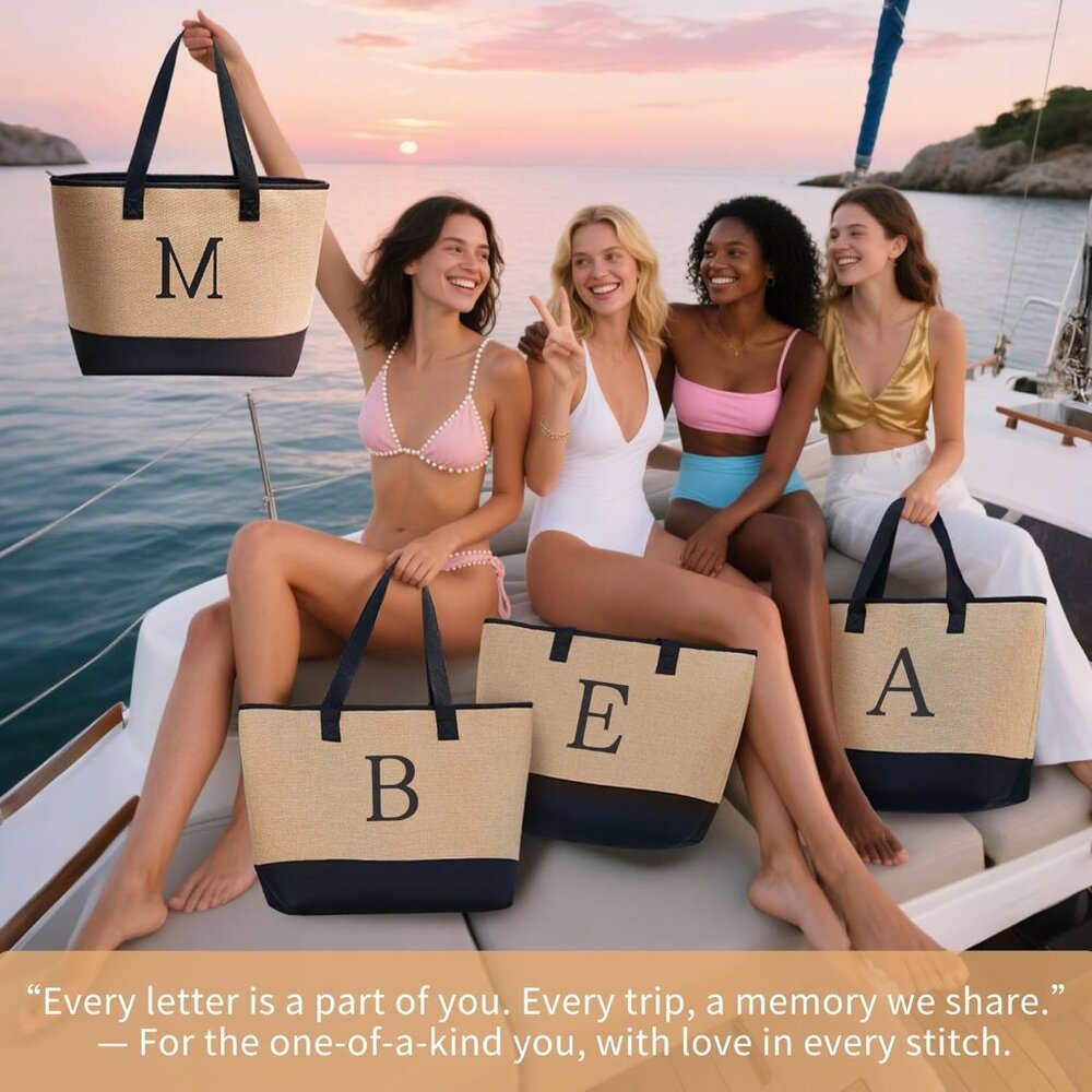 Woven Tote Bag for Women, Lightweigh Monogram Beach Bag with Zipper & Sand-Proof - Picture 7 of 10